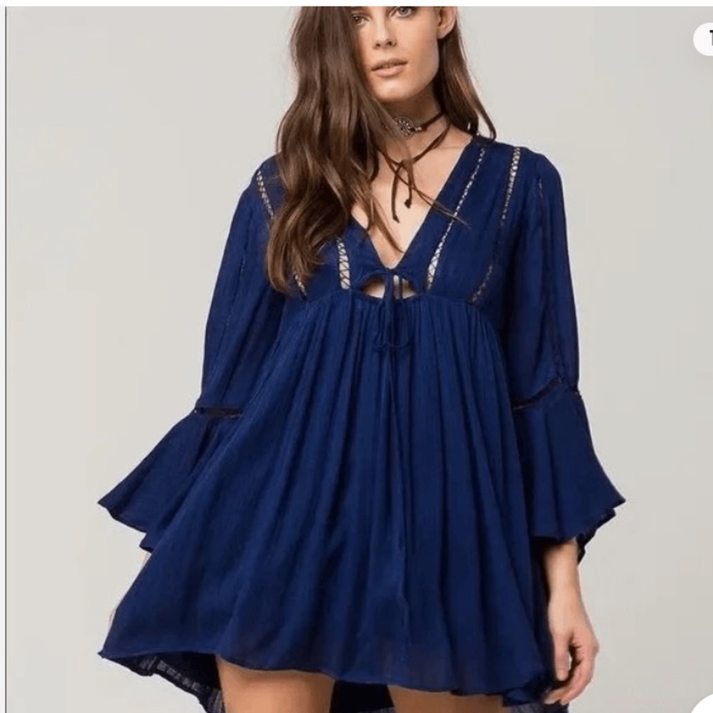 RARE Free People Blue Bohemian hippie flowy Mini beach Dress XS